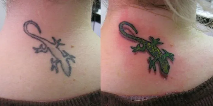 Creative cover-up tattoo of a lizard on neck, transforming a faded outline into vibrant design.