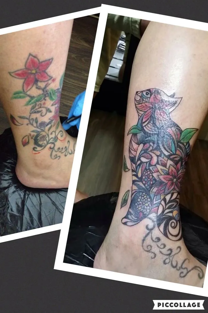 Creative cover-up tattoo transforming a floral design into a colorful, intricate cat silhouette.