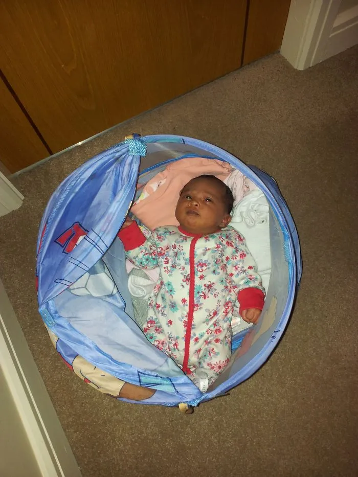 Baby lying in a blue playpen with a floral outfit, funny kids can't be left alone with their dads