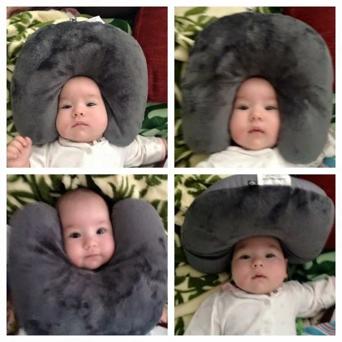Collage of baby wearing a large fluffy neck pillow, funny kids can't be left alone with their dads