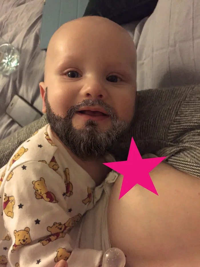 Baby with digitally added beard smiling, funny kids can't be left alone with their dads