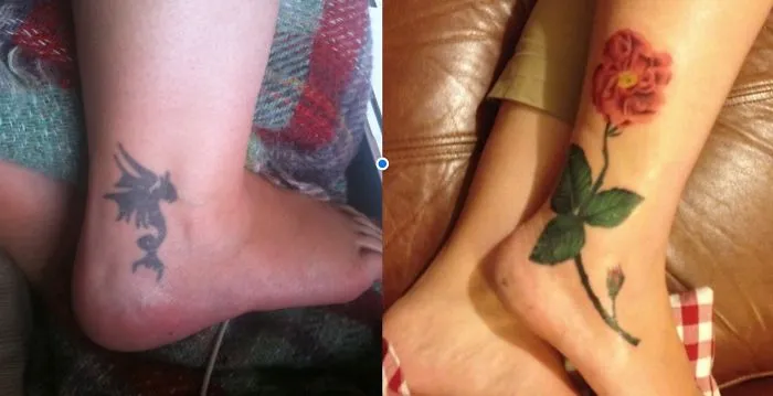 Cover-up tattoo featuring a dragon design transformed into a rose on an ankle.