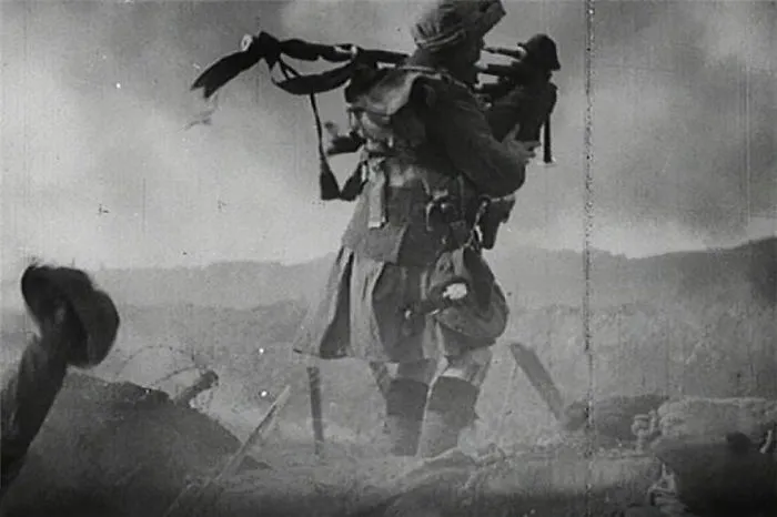 Scottish Piper In A Kilt On The Battlefield During World War One