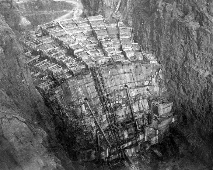 Columns Of Hoover Dam Being Filled With Concrete, February 1934 (Looking Upstream From The Nevada Rim)