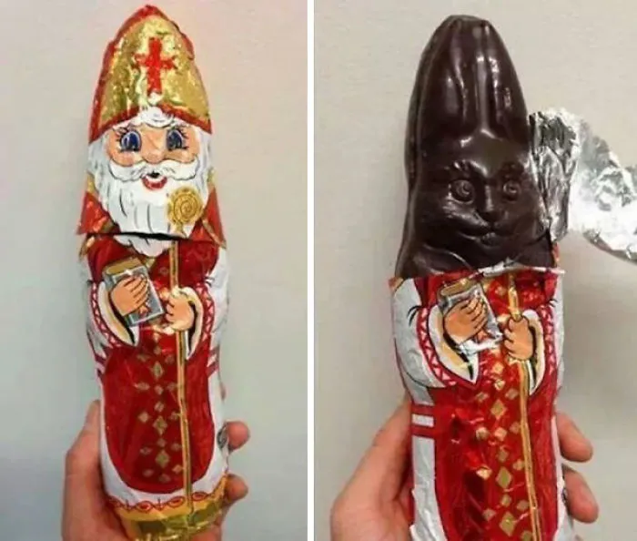 Chocolate figure fail: Santa wrapper reveals a chocolate bunny inside.