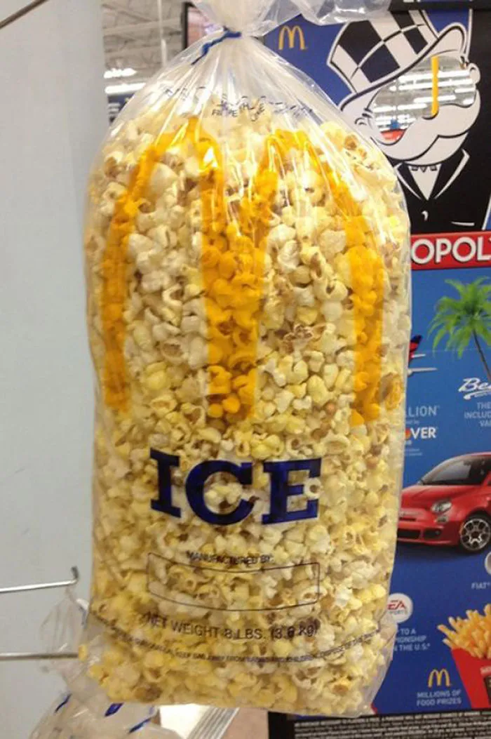 Bag labeled "ice" filled with popcorn, illustrating a job fail.