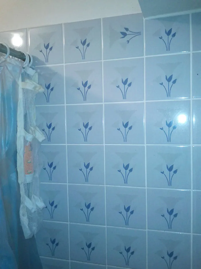 Misaligned bathroom tiles with floral patterns illustrating a design fail.
