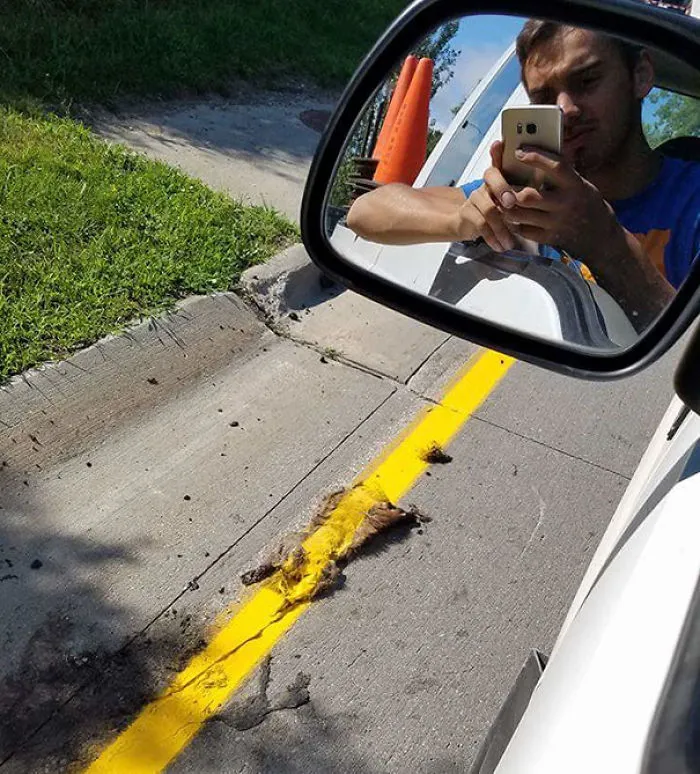 Rearview mirror reflects a man taking a photo of a yellow line painted over roadkill; example of job failure.