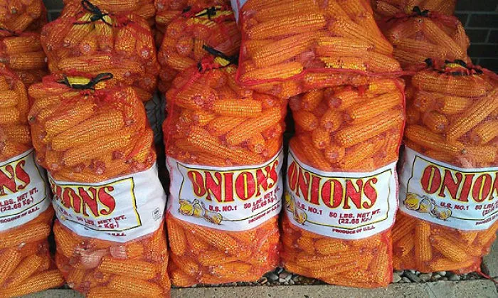 Bags labeled "Onions" filled with corn, illustrating a one job fail.