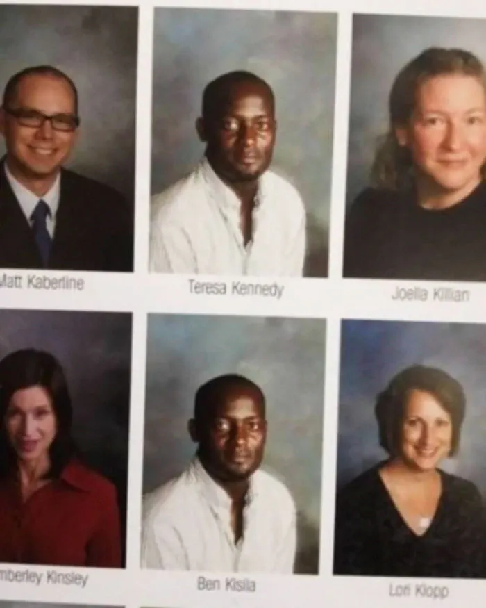 Yearbook page with mismatched names, highlighting a job fail.
