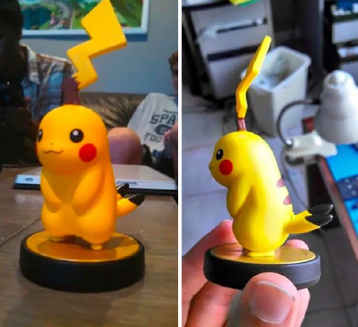 Pikachu figurine with upside down tail, showcasing a classic job fail.