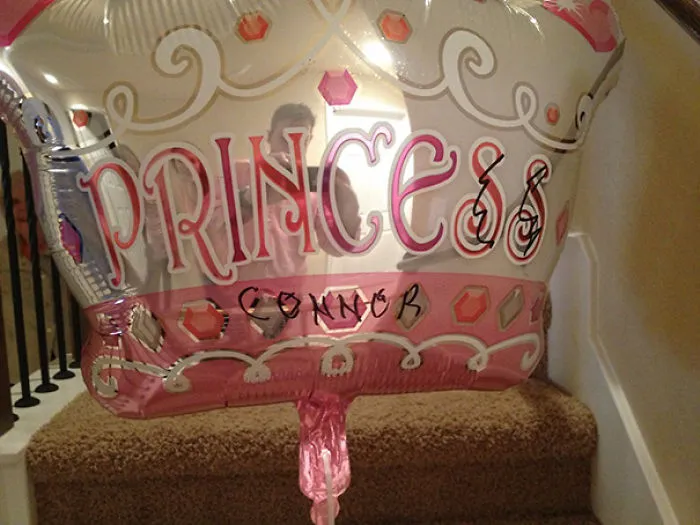Balloon labeled "Princess" with "Connor" written below, highlighting a job fail.