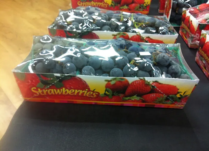 Box of blueberries mislabeled as strawberries, highlighting a packaging error.