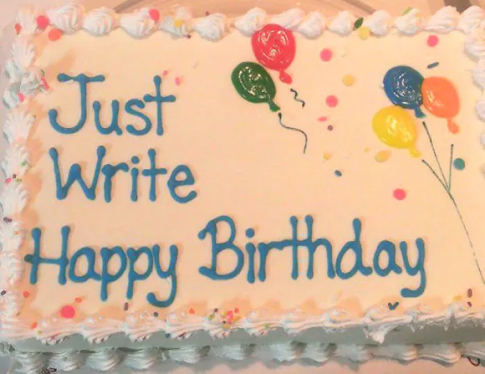 Birthday cake with incorrect text, illustrating a job fail.