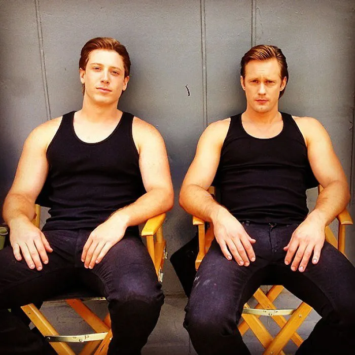 Two men wearing black tank tops and pants sitting in director chairs, showcasing celebrity body doubles in Hollywood.