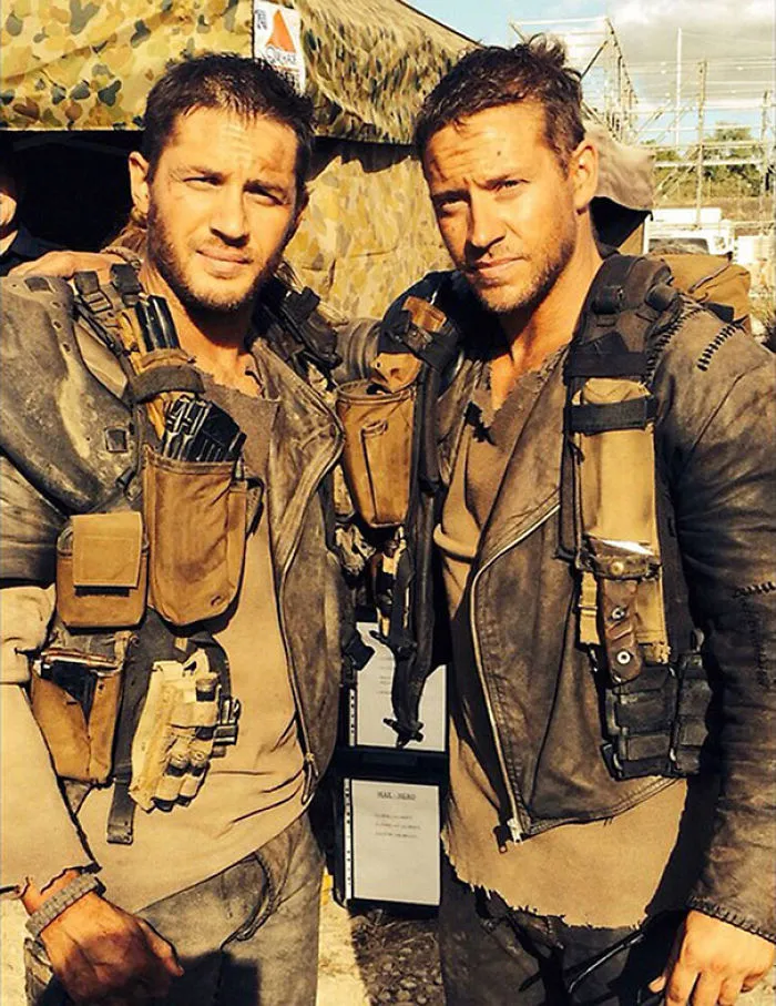 Tom Hardy And Stunt Double Jacob Tomuri On The  Set Of Mad Max: Fury Road