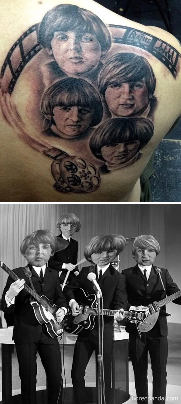 Bad tattoo face swaps show mismatched facial features on famous band members.