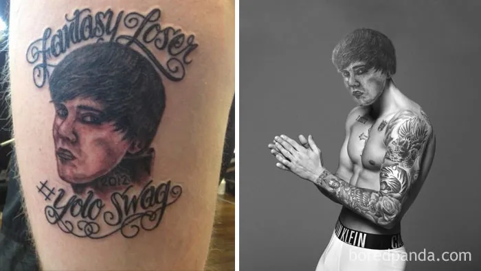 Terrible tattoo face swap example with a portrait on skin and a photo of a tattooed person.