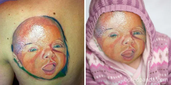 Terrible tattoo face swap showing a baby’s face tattooed on someone's back next to the baby wearing a pink hoodie.