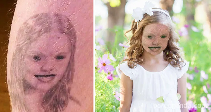 Terrible tattoo face swap showing distorted facial features on a tattoo and a child’s face.