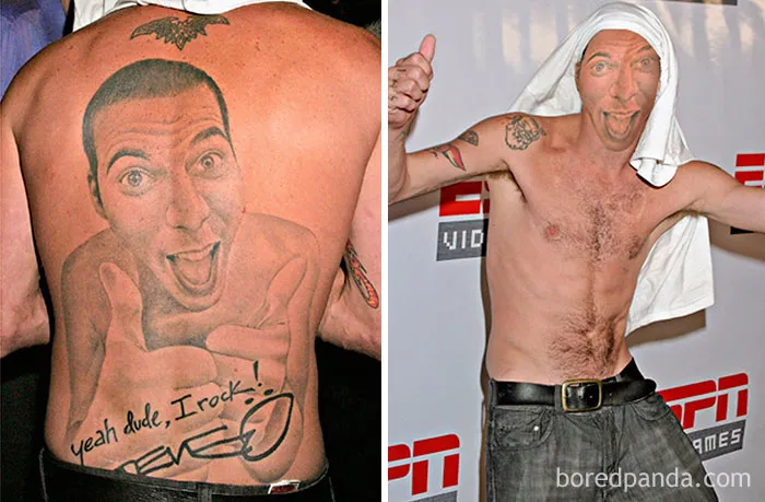 Terrible tattoo face swap showing a man's back tattoo compared to his real face at an event.