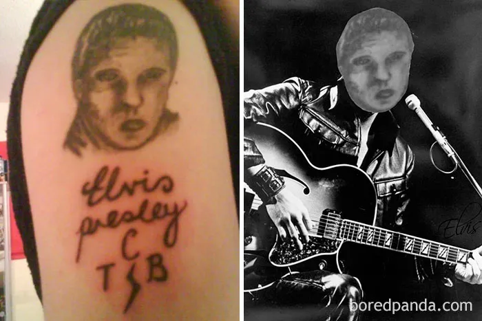 Terrible tattoo face swap featuring a misspelled Elvis tattoo and its swap on a classic photo.