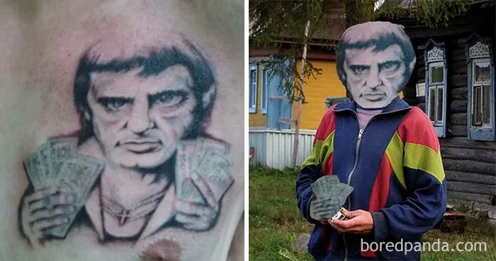 Tattoo face swap showing a person mimicking a bad tattoo design, holding fake money in a humorous outdoor setting.