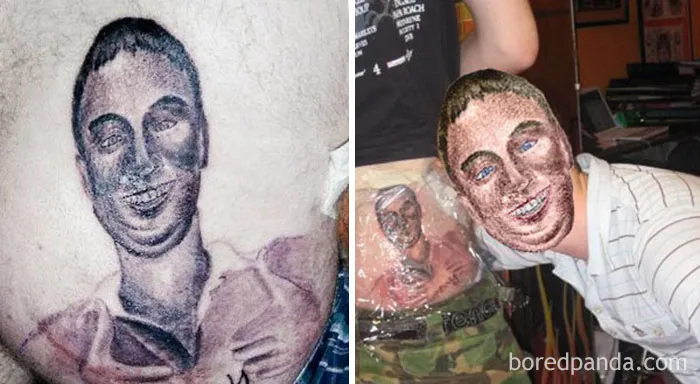 Funny face swap with a tattoo, showing how bad some tattoos can be, creating a comedic effect with the body art.