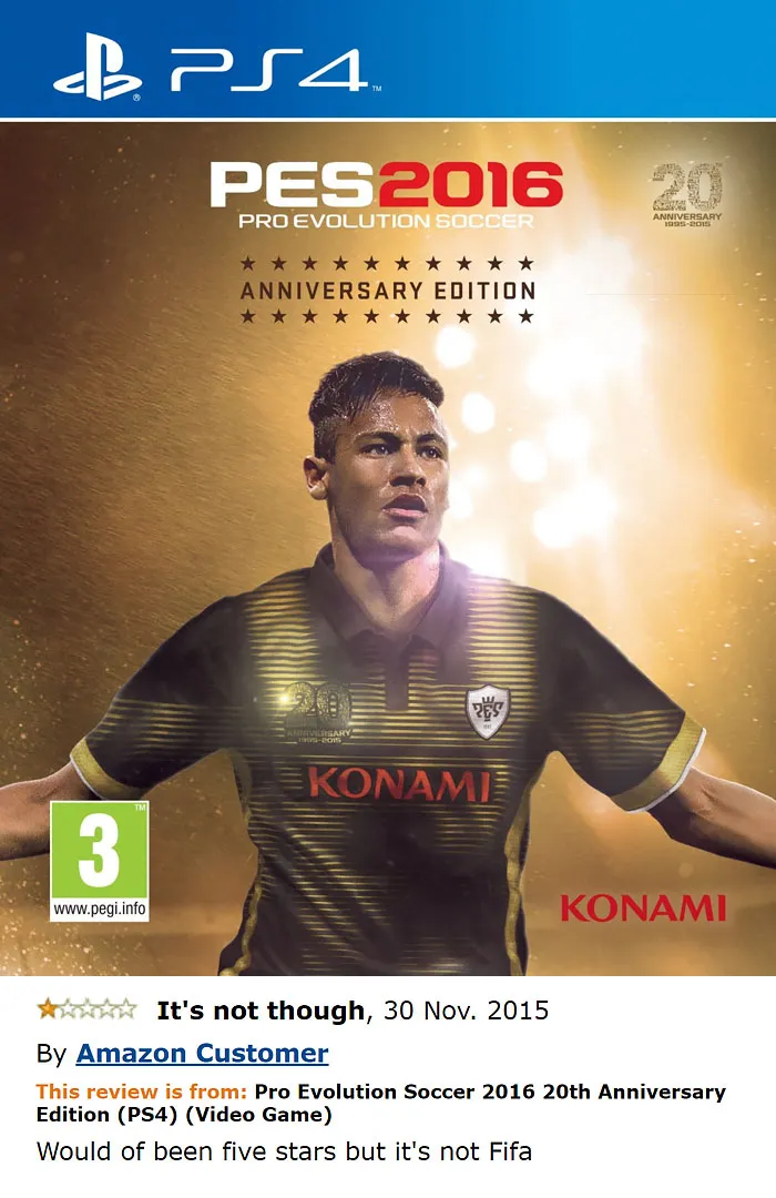 Pro Evolution Soccer 2016 20th Anniversary Edition game cover and a comment 