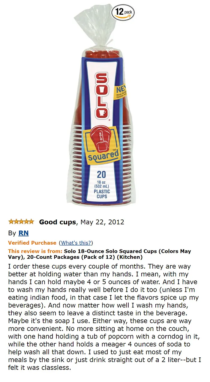 Twelve pack of red plastic cups and a comment  