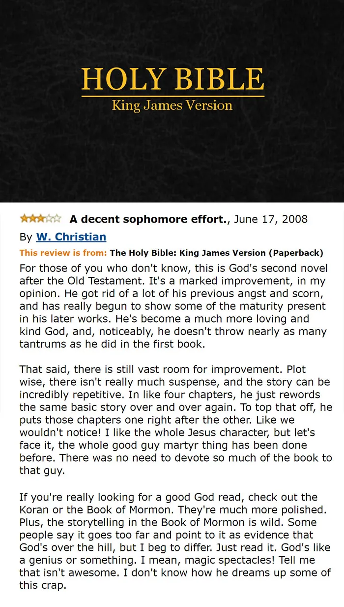 The Holy Bible: King James Version book cover and a comment 