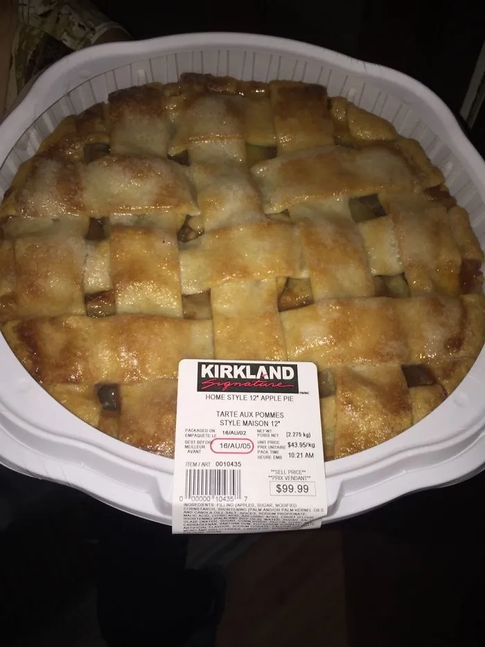 Apple pie labeled with a $99.99 price tag, showcasing a pricing error.