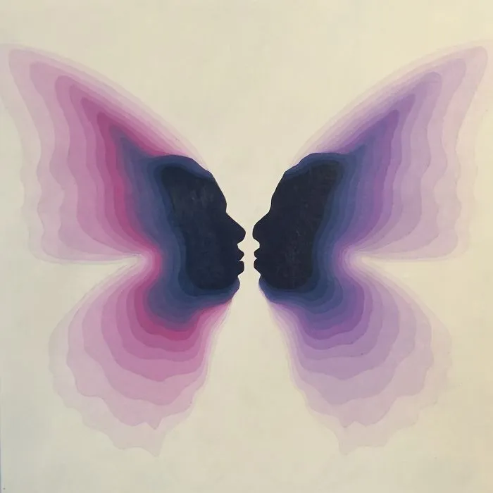 'the Kiss (hypothetical Butterfly)' By @kyletonkens. Acrylic On Wood. 10x10 Inches. 2016.