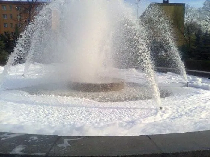 Poured Into The Fountain 5 Liters Of Dishwashing Liquid