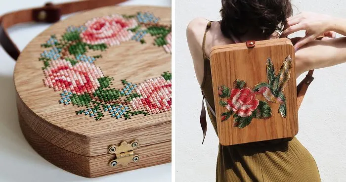 Wearable Wooden Bags That I Cross-Stitch With Nature Patterns