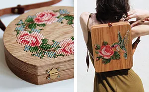 Wearable Wooden Bags That I Cross-Stitch With Nature Patterns