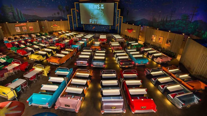 Dine While Watching Old Sci-fi Movie Clips Shown On The Big Screen, Sci-fi Dine-in Theater Restaurant, Disney's Hollywood Studios, FL, USA