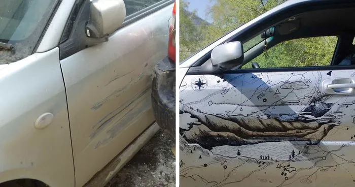 When A Truck Bumped This Russian Man's Car, He Decided To "Fix" It In The Most Creative Way
