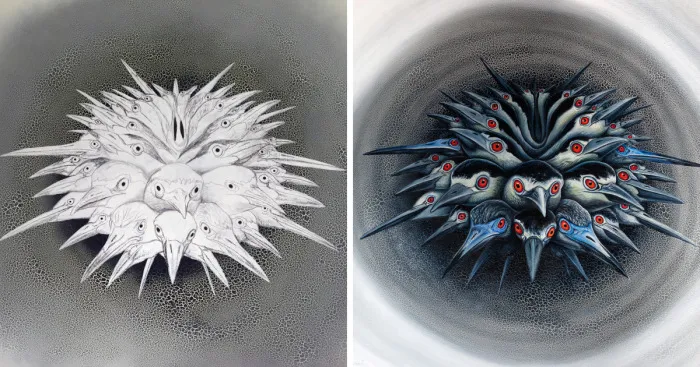 I Painted A New Species Of Sea Urchin Out Of A Whole Bunch Of Bird Heads