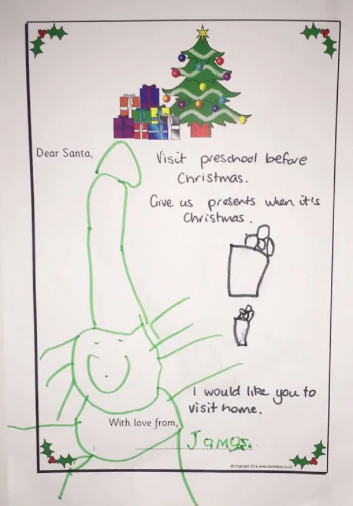 My 4-Year-Old Son's Drawing Of Santa. Yep, That's His Hat. It Was On The Wall At Preschool