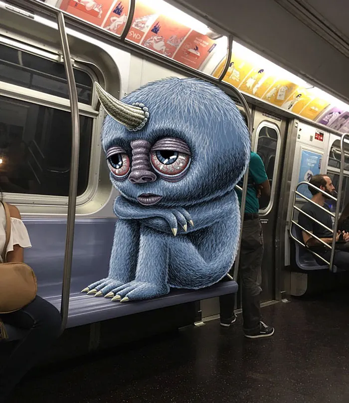Artist Adds Monsters Next To Strangers On The Subway