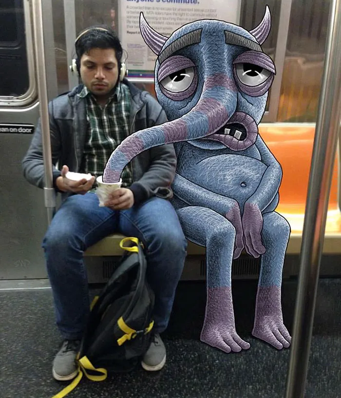 Artist Adds Monsters Next To Strangers On The Subway