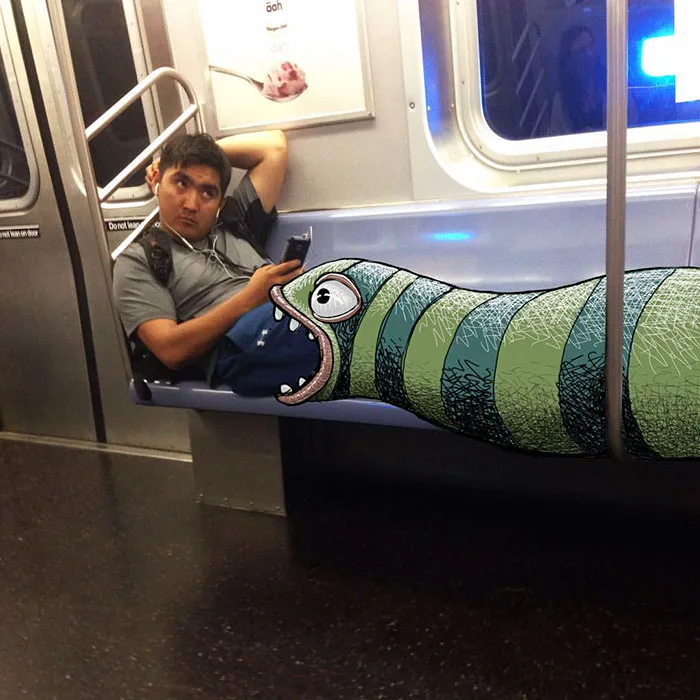 Artist Adds Monsters Next To Strangers On The Subway