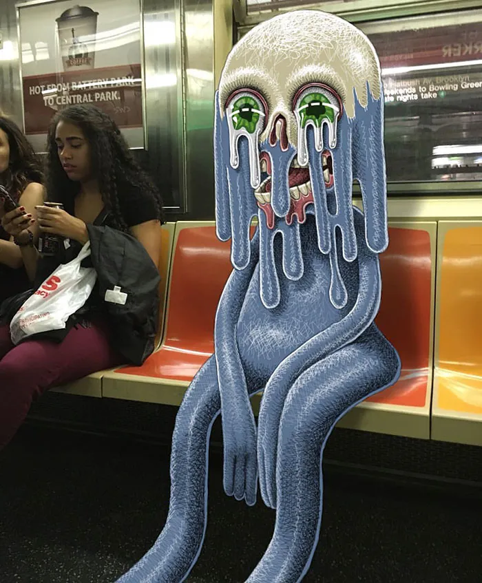 Artist Adds Monsters Next To Strangers On The Subway