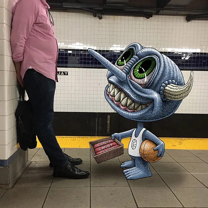 Artist Adds Monsters Next To Strangers On The Subway