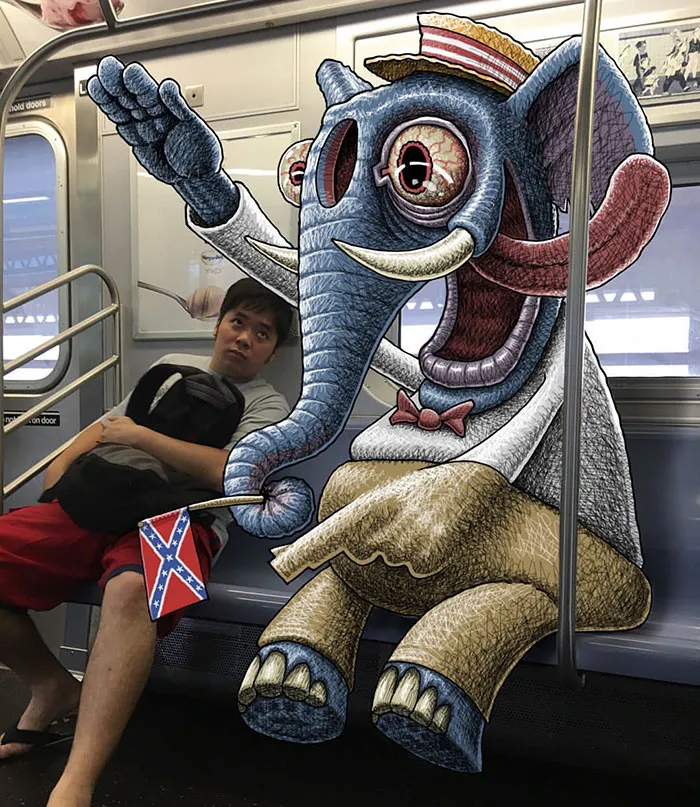 Artist Adds Monsters Next To Strangers On The Subway