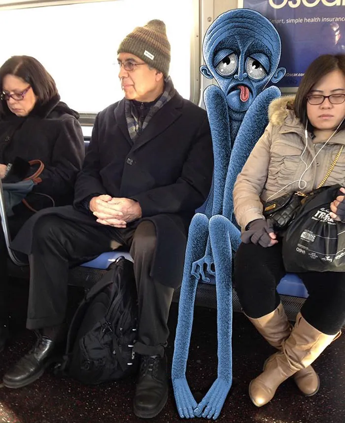 Artist Adds Monsters Next To Strangers On The Subway