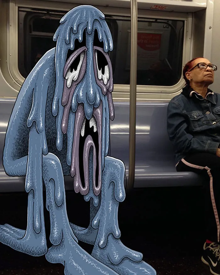 Artist Adds Monsters Next To Strangers On The Subway