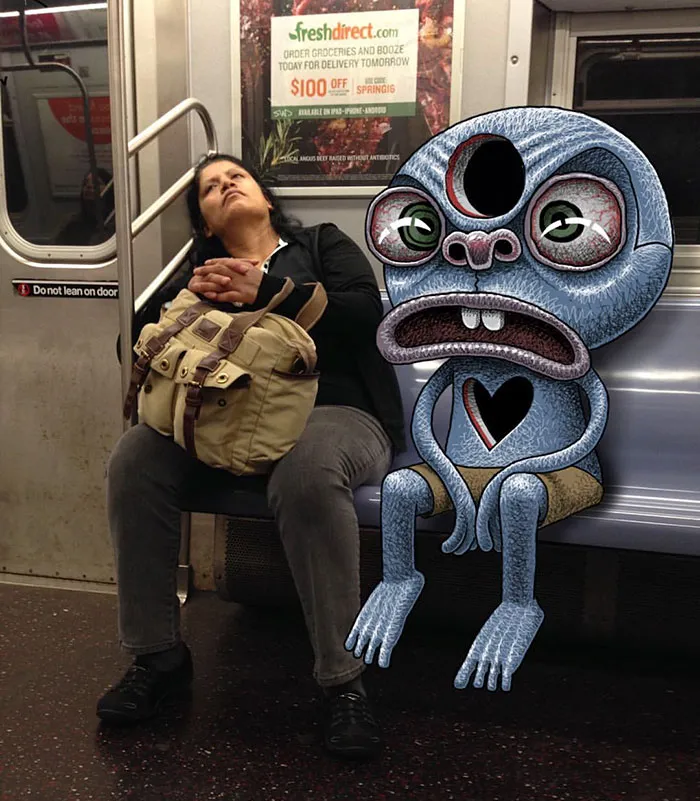 Artist Adds Monsters Next To Strangers On The Subway