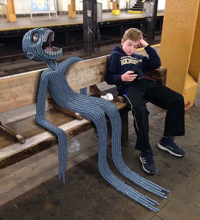 Artist Adds Monsters Next To Strangers On The Subway